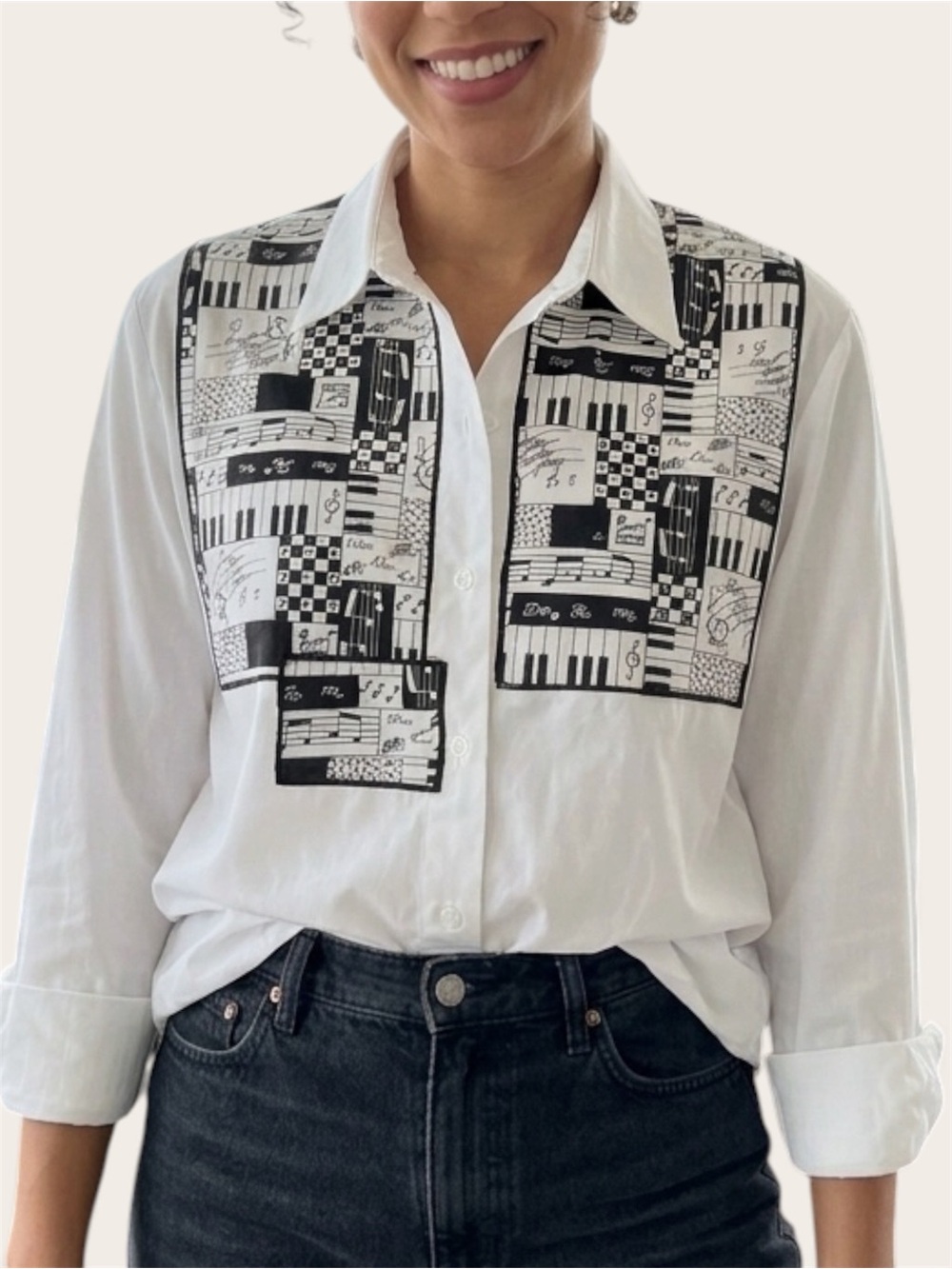 VTG White Button-Down Shirt with Black Music Patchwork Embroidery vintage